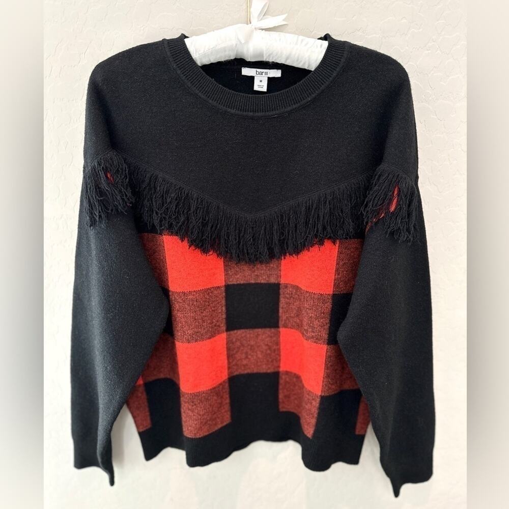 BAR III | Black Red Buffalo Plaid Fringe Sweater | Size Medium